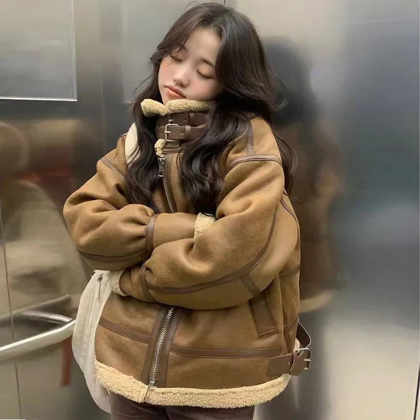 Korean Style Female Luxury Coats Zipper Fly Turtleneck Thick Warm Women Cashmere Fur Jacket Zipper Fly Pu Leather Patchwork Coat - Matrix Studios