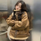 Korean Style Female Luxury Coats Zipper Fly Turtleneck Thick Warm Women Cashmere Fur Jacket Zipper Fly Pu Leather Patchwork Coat - Matrix Studios