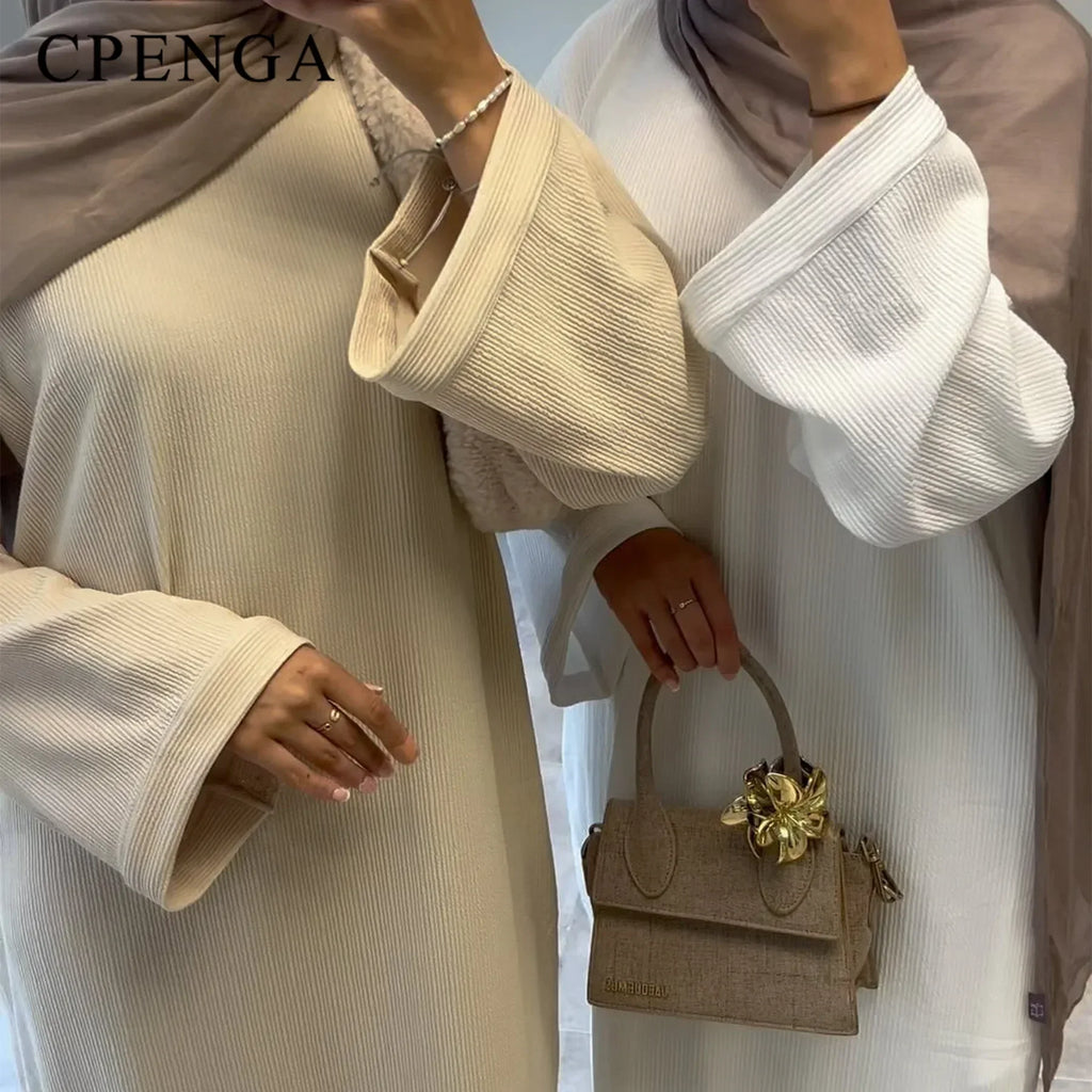 Warm Arabic Corduroy Abaya Dress for Women Ramadan Dubai Women Modest Muslim Coat Winter Islam Clothing New Turkey Solid Robe - Matrix-studios.com