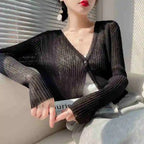 AOSSVIAO 2026 Spring Summer Ice Silk Knitted Thin Women's Cardigan French Style Sun Protection Shawl Sweater Coat Knit Crop Tops - Matrix Studios