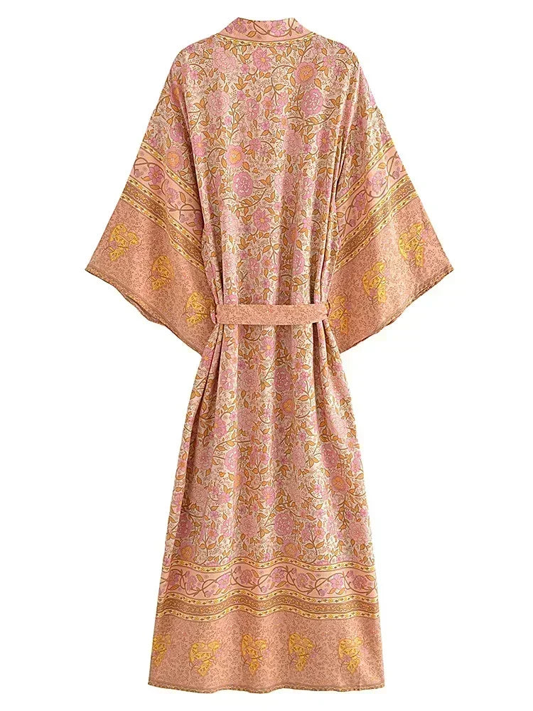Boho Queens Women Pink Floral Print Bohemian Kimono Beach Robe Lady Batwing Sleeves Rayon Vacation Boho Bikini Cover-ups - Matrix Studios
