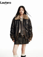 Lautaro Spring Autumn Cool Handsome Vintage Distressed Brown Pu Leather Jacket Women Faux Fur Collar Luxury Designer Clothing - Matrix Studios