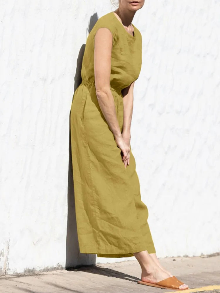 Cotton And Linen Jumpsuit Women Solid Color Sleeveless Pocket High Waist Wide Legs Jumpsuits Casual Commuting Ladies Bodysuits - Matrix Studios