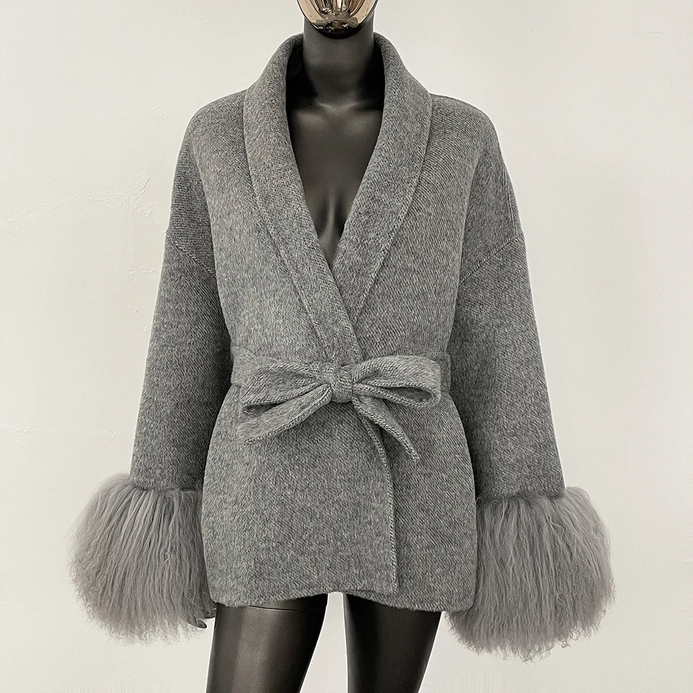High End Double-sided Wool Strapping Real Wool Fur Coat Women's Removable Cuffs Fox Fur Temperament Cashmere Short Jacket - Matrix Studios