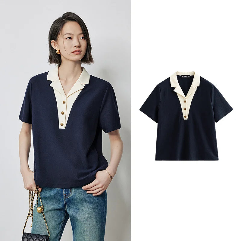 TOYOUTH Women Contrasting Colors POLO Collar T-shirt 2025 Summer New Short Sleeved Top - Matrix-studios.com