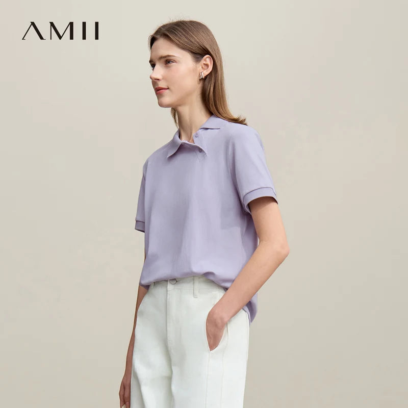 Amii Women's Polo Shirt 2026 Summer Asymmetric Placket Short Sleeve Tee Lapel Collar Casual Layering T-Shirt For Women 12622015 - Matrix-studios.com