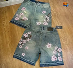 Y2k Cherry Blossom Embroidered Denim Shorts Mens Womens Gothic Harajuku Retro Loose Casual Denim Shorts Fashion Punk Streetwear