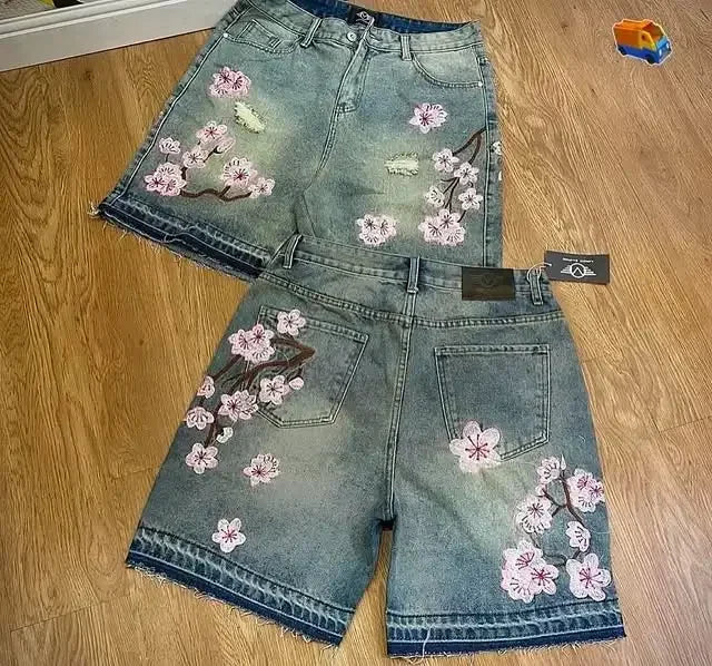 Y2k Cherry Blossom Embroidered Denim Shorts Mens Womens Gothic Harajuku Retro Loose Casual Denim Shorts Fashion Punk Streetwear
