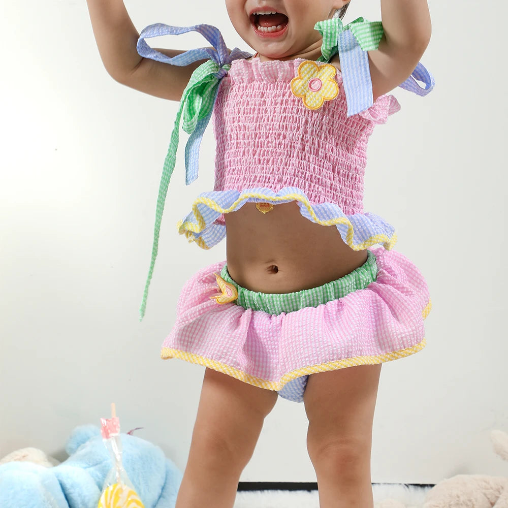 Little Girls' Summer Swimwear Two Piece Cute Patchwork Seersucker One Piece Trunks For Boys Beach Sleeveless - Matrix Studios