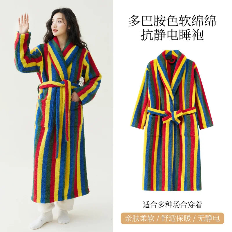 2025 New Autumn/Winter Women's Sleepwear Thick Velvet Warm Robe Couple Coral Velvet Striped Lengthed Home Clothes Bathrobe - Matrix-studios.com