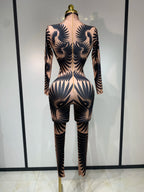 Sexy Long Sleeves Print Rhinestone Jumpsuits Drag Queen Show Stage Performance Costume Women Evening Party Nightclub Rompers - Matrix Studios
