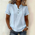 Elegant Women Blouse Shirt V Neck Button Patchwork Short Sleeve Shirts For Women Summer Striped Loose Tee Women Casual T-shirts - Matrix-studios.com