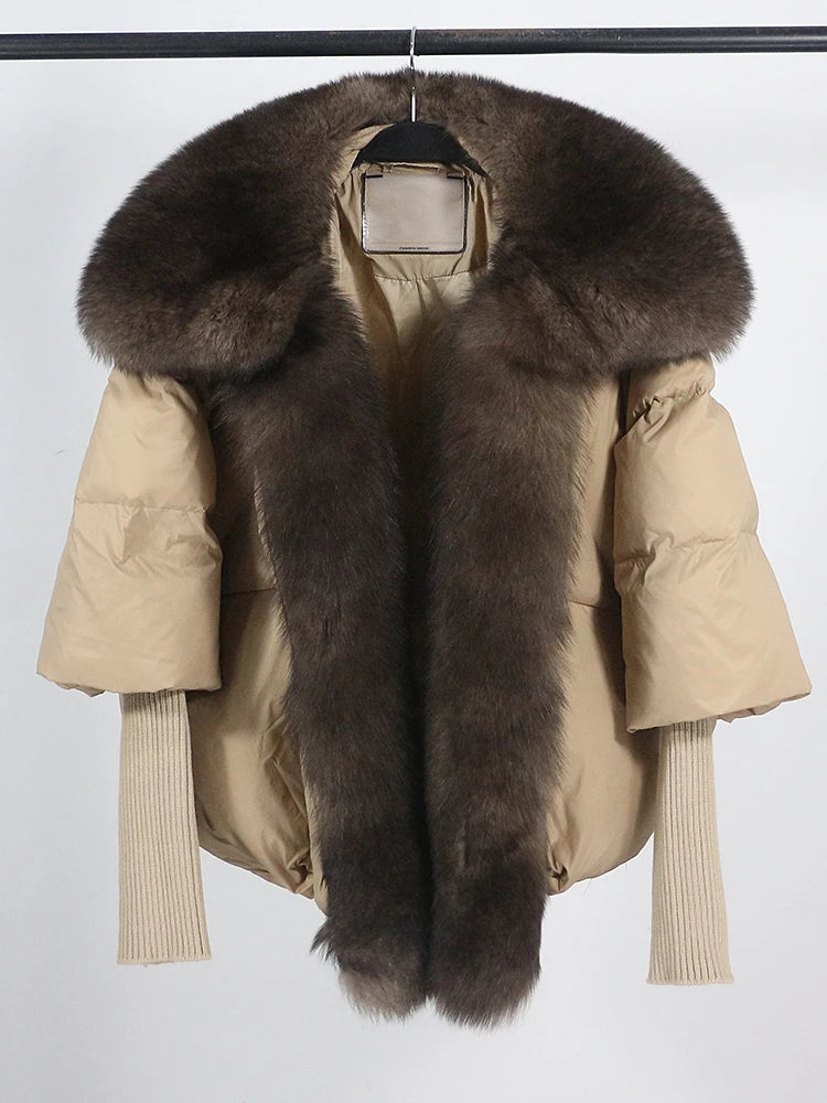 Loose Natural Real Fox Fur Collar Coat Thick New European Fashion White Duck Down Jacket Winter Women Warm Luxury Outerwear - Matrix Studios