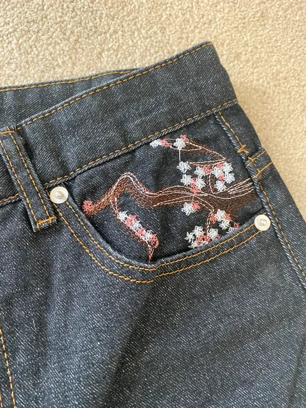 Men Dark Wash Denim Shorts Back Pocket Cherry Blossom Embroidered Loose Fit Knee Length Vintage Streetwear Casual Summer Wear - Matrix Studios