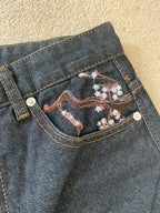 Men Dark Wash Denim Shorts Back Pocket Cherry Blossom Embroidered Loose Fit Knee Length Vintage Streetwear Casual Summer Wear - Matrix Studios