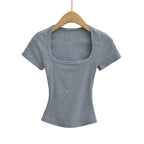 Square Collar High Stretch Summer Crop Tops Women Short Sleeve Tops Sexy Pullover Bottoming Blouses Slim T-shirt - Matrix-studios.com