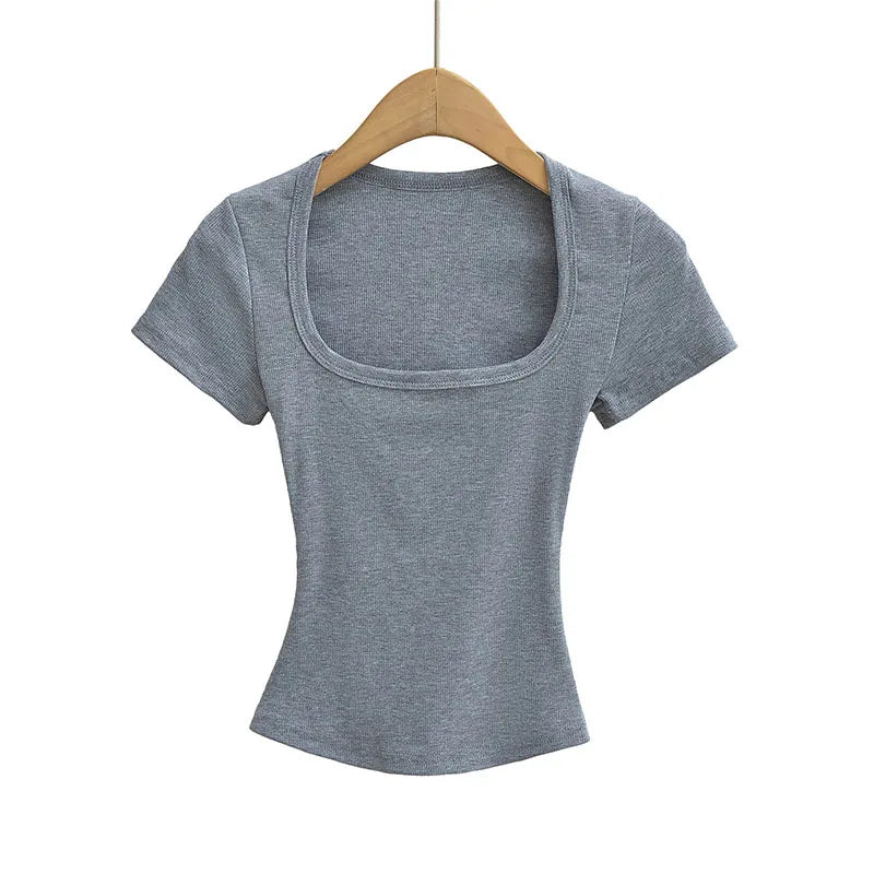 Square Collar High Stretch Summer Crop Tops Women Short Sleeve Tops Sexy Pullover Bottoming Blouses Slim T-shirt - Matrix-studios.com