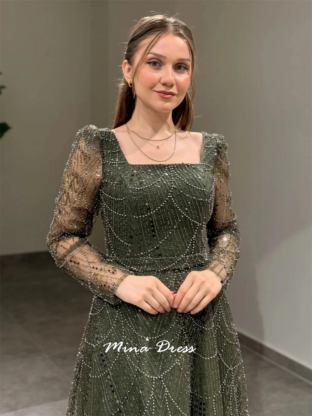 Mina Customized Beads Women's Elegant Dresses for Special Occasions Sequin Square Collar Arabic Evening Dress Luxury Party Dress - Matrix Studios
