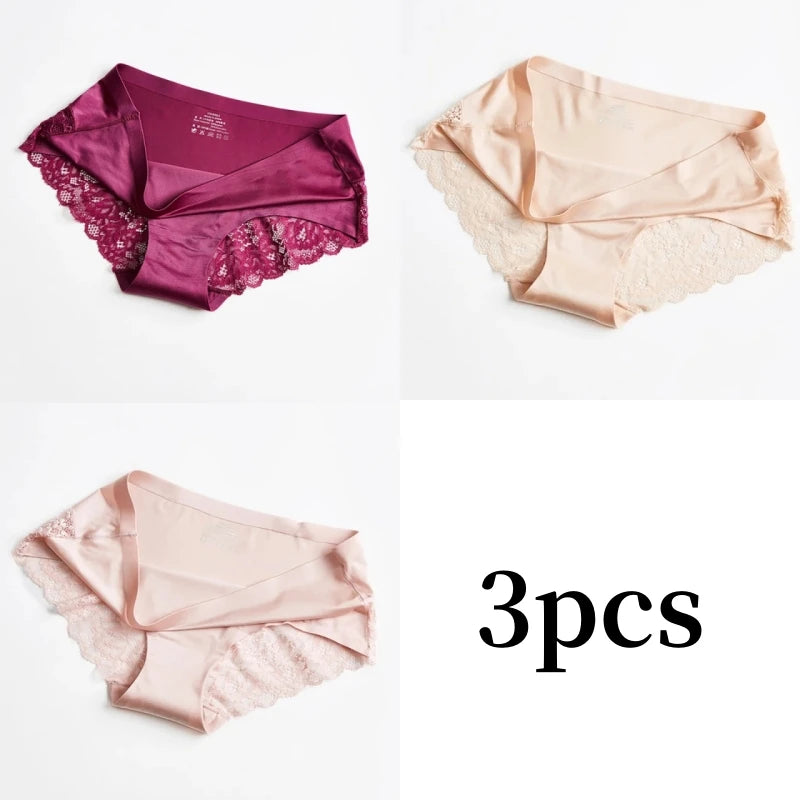 3pcs Lace Women's Panties French Seamless Underwear Female Ice Silk Briefs Solid Color Breathable Underpants Lingerie - Matrix Studios