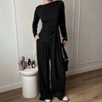 Women Brown Boat Neck Long Sleeve Side Tie Waist Slim Top Wide Leg Pants Elegant Daily Commuter Fashion Lady 2 Piece Outfit Set