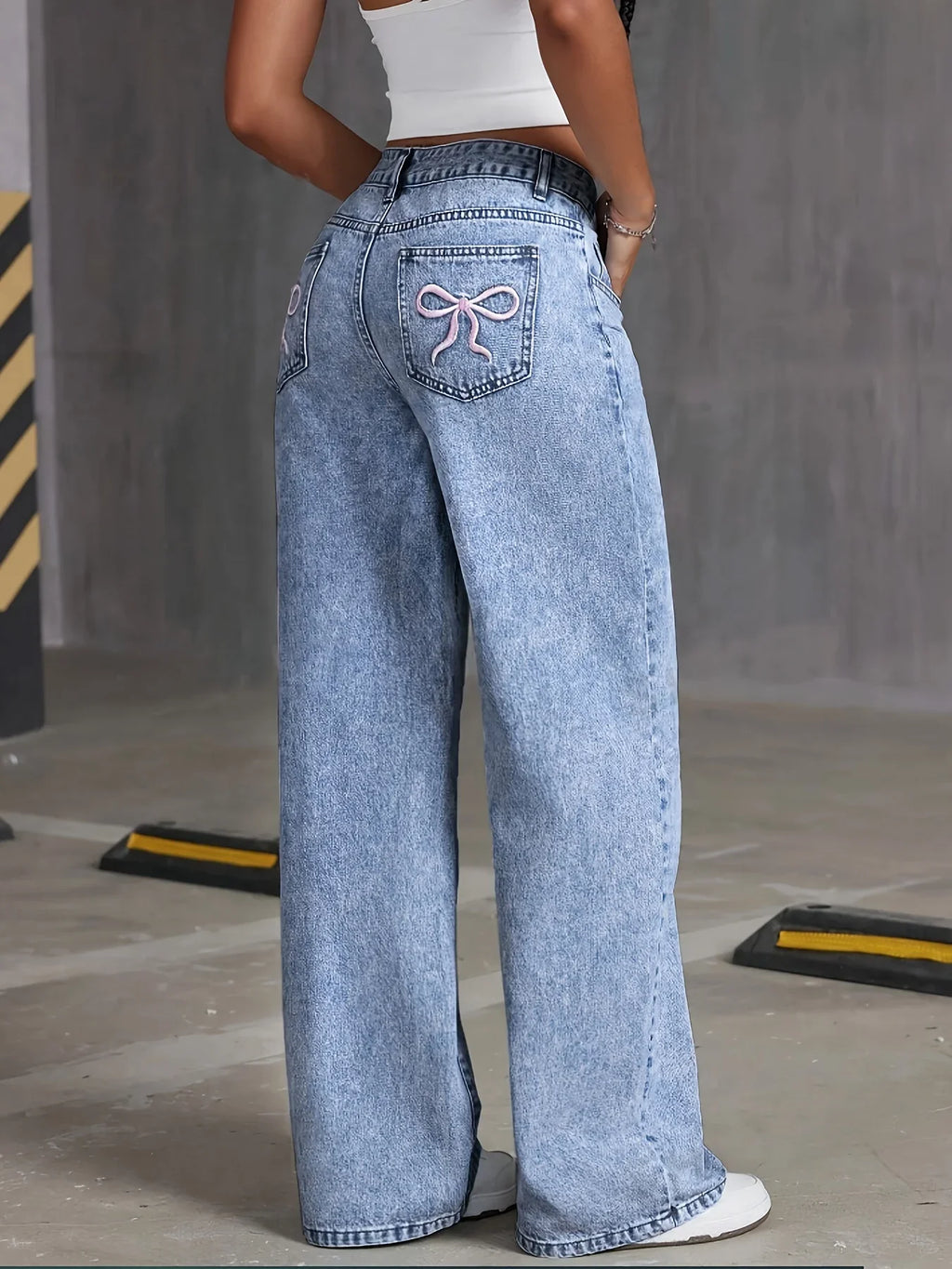 Women's Back Pocket Bow Embroidered Fashionable Wide Leg Pants Versatile Washed Denim Trousers - Matrix-studios.com