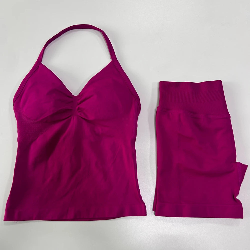 No Logo 2Pcs Gym Set Women Backless Tank Tops High Waist Scrunch Seamless Shorts Gym Suit Fitness Clothes Activewear Workout Set - Matrix-studios.com