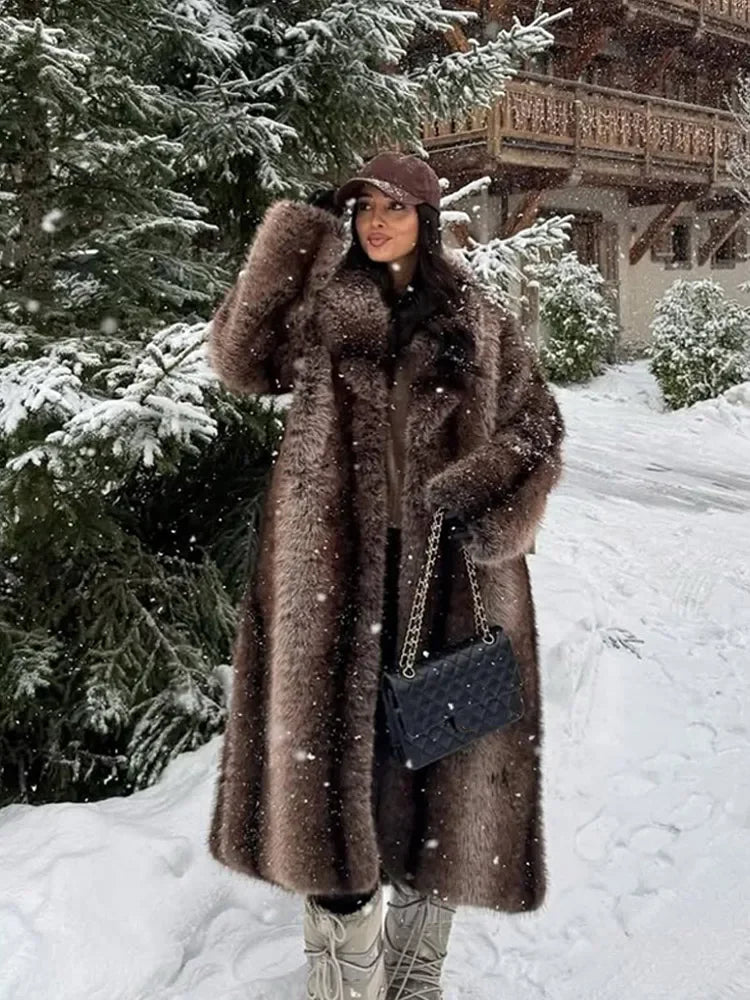 Chic Brown Faux Fur Overcoat Women Casual Luxury Lapel Long Sleeve Fluffy Coat Winter Female Thicken Warm High Street Outwear - Matrix Studios
