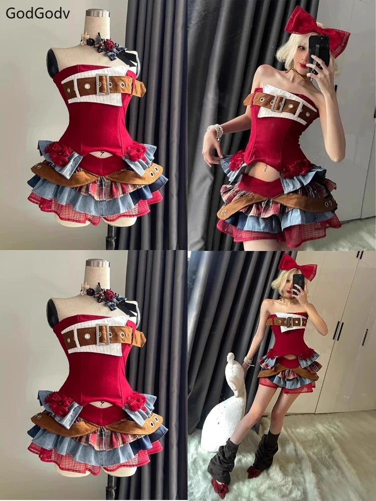 Summer Vintage Elegant Y2K Woman 2 Piece Sets Punk Gothic Strapless Crop Tops +High Waist Ruffle Skirt Female Party Outfits 2025 - Matrix-studios.com