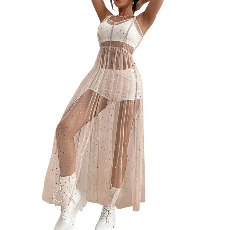 Summer Women Beach Cover Up Sleeveless Square Neck Holiday Sequined Split Smock Midi Beach Dress - Matrix Studios