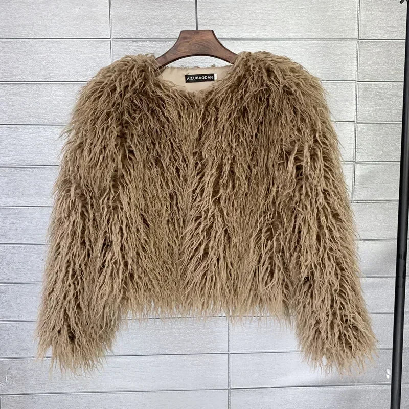 CM.YAYA Solid Faux Fur Coats  Women Full Sleeve O-neck Open Stitch Covered Button Fur Jackets Winter Autumn Warm New Fashion - Matrix Studios