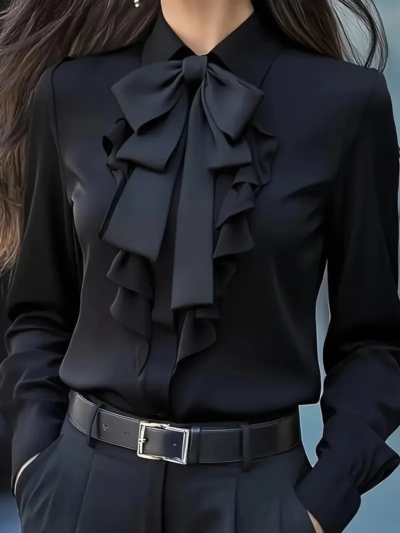 New Autumn Solid Color Lace-up Bow Ruffle Design Shirt For Women Vintage Long Sleeve Blouse White Shirt Autumn Female Clothing - Matrix-studios.com