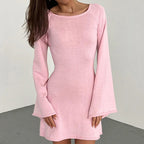 New sexy Backless Round Collar Cover-Ups Solid Color Knit Beachwear Stylish Horn Sleeve Beach suit Female Holiday wrap Dress - Matrix Studios
