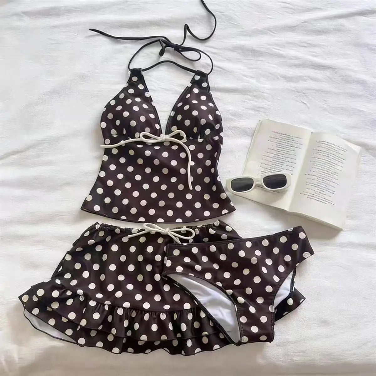 Women Beach Style Bikini Swimwears 2-Piece Tankini Suits Halter V-Neck Tie Cami Top Bodycon Contrast Waistband Swim Beachwear - Matrix-studios.com
