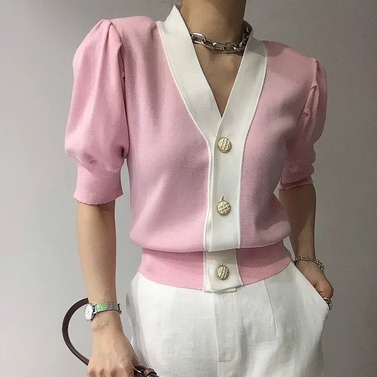 Knitted Sweater Women Cardigans New Sueter Feminino V-Neck Spliced Knit Sweater Cardigan Women Tops Short Sleeve Sweaters Q3558 - Matrix Studios