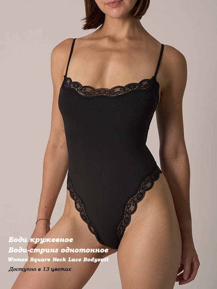VITALINOVO Women Square Neck Lace Trim Bodysuit High Cut Thong Spaghetti Strap Cami Bodysuit Double Layer Going Out Tank Tops - Matrix-studios.com