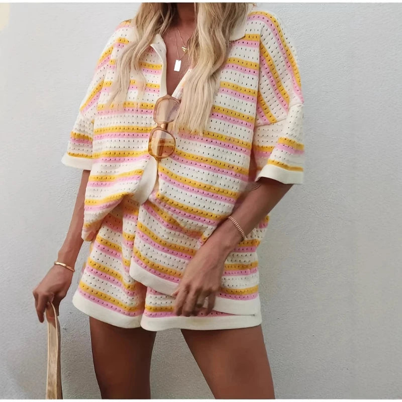 2025 Summer Women'S Hollow Striped Knitted 2 Pieces Set Short Sleeve Flip Collar Cardigan Single Breasted Casual Shorts Suits - Matrix-studios.com