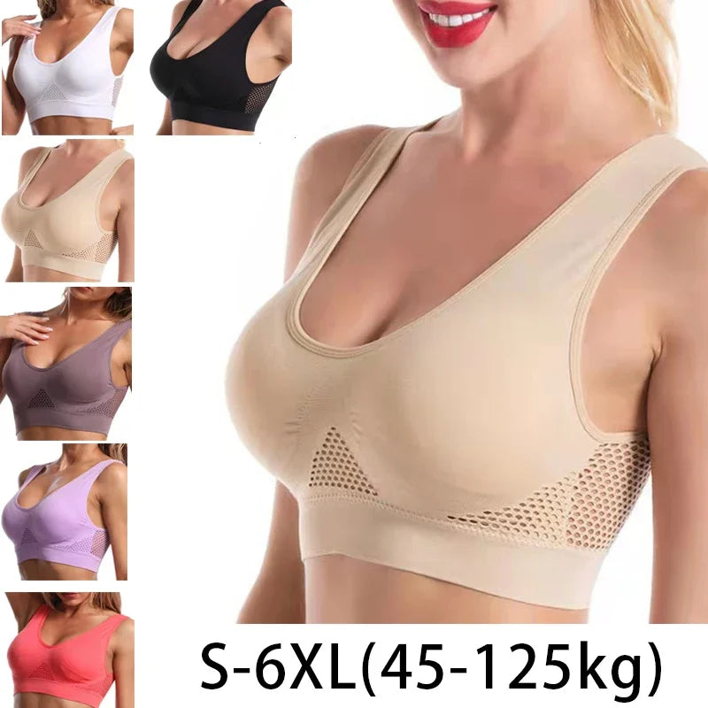 1pcs Women Sports Bra Large Size No Steel Ring Seamless Underwear Removable Chest Pad Runing Sport Hollow Mesh Vest Bras - Matrix Studios