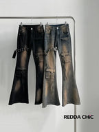 REDDACHiC Women Low Waist Cargo Flare Jeans Y2k Vintage Distressed Belted Fitted Bootcut Pants Bell Bottoms Korea Streetwear - Matrix-studios.com