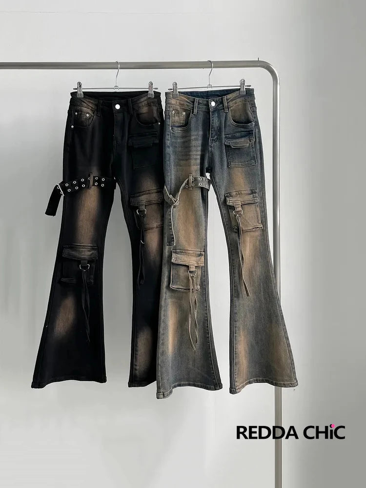 REDDACHiC Women Low Waist Cargo Flare Jeans Y2k Vintage Distressed Belted Fitted Bootcut Pants Bell Bottoms Korea Streetwear - Matrix-studios.com