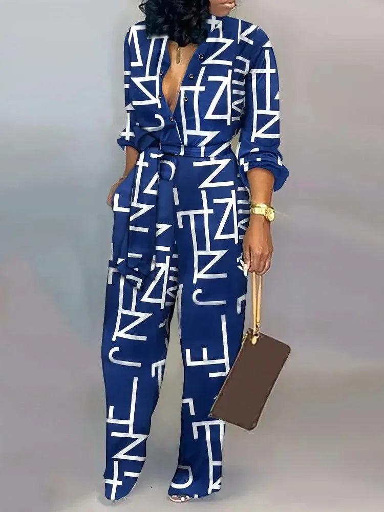 Women Fashion Letter Print Long Sleeve Jumpsuit Spring Button One Piece Overalls Streetwear Autumn Elegant Office Lady Playsuit - Matrix Studios
