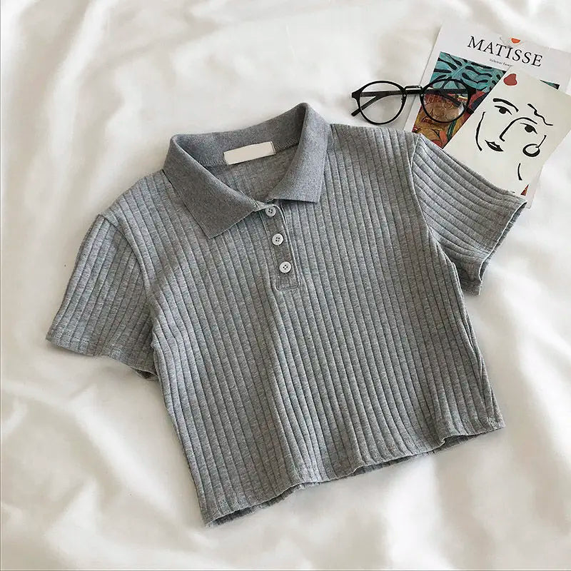 Preppy Knit Polo Neck Crop Top Women Summer Short Sleeve T-shirt Youthful Solid Color Female Basic Blouse Lady Pullover - Matrix-studios.com