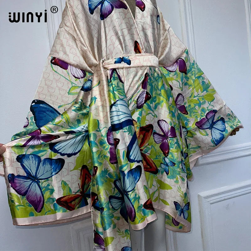 WINYI Africa Print Summer Beach Bohemian Long Cardigan Cover-up Casual Boho Maxi Holiday Party Kimono with Belt Beachwear - Matrix Studios