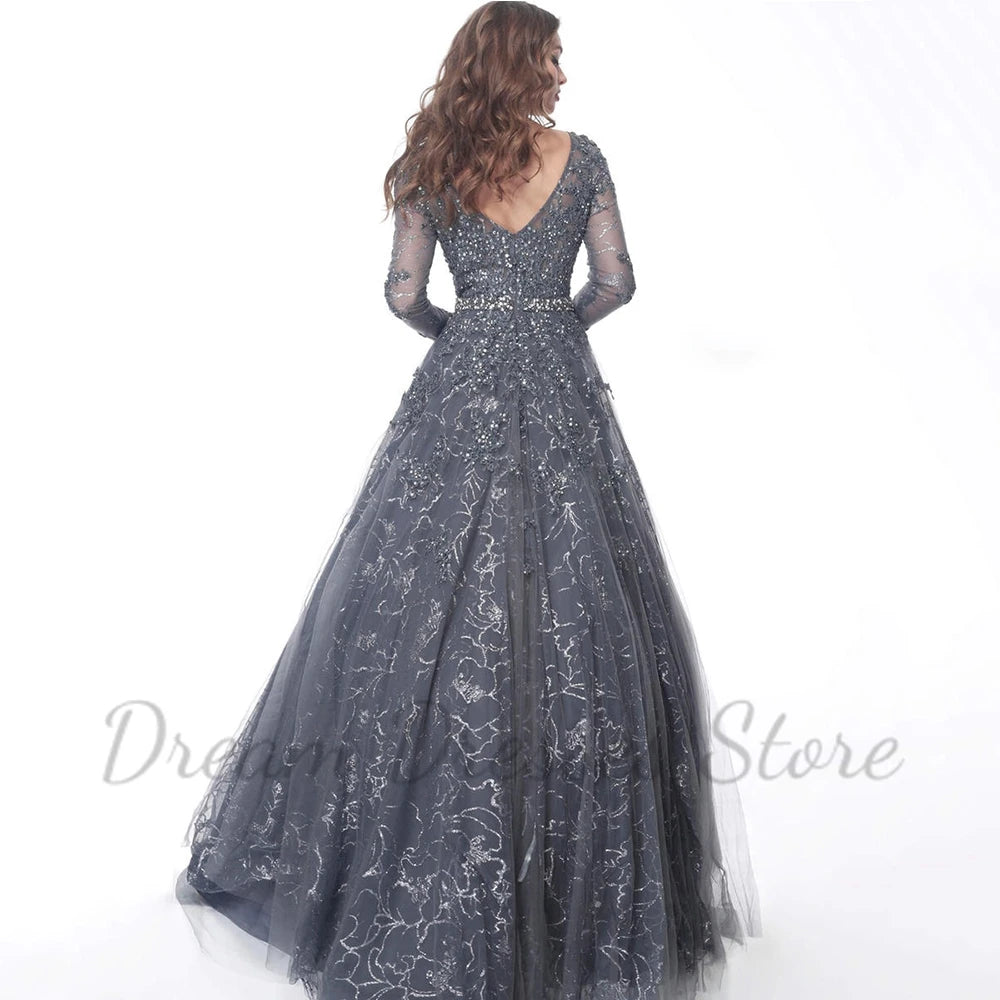 Exquisite Shiny Lace A-Line Prom Dress Scoop Neck Long Sleeves Illusion Tulle Women Floor Length with Beading Belt Party Gowns - Matrix Studios