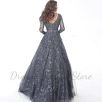 Exquisite Shiny Lace A-Line Prom Dress Scoop Neck Long Sleeves Illusion Tulle Women Floor Length with Beading Belt Party Gowns - Matrix Studios