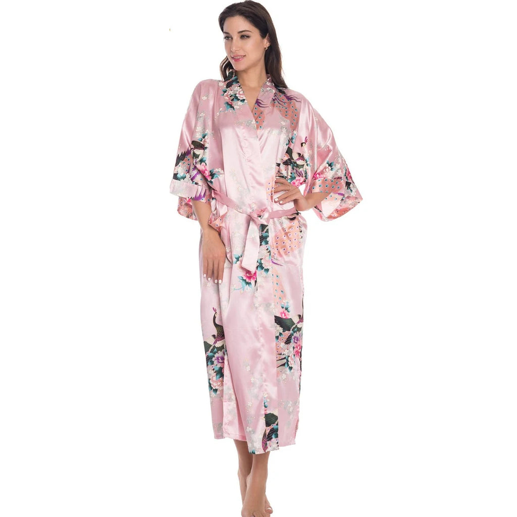 Print Flower Long Kimono Bathrobe Gown Sexy Women Half Sleeve Wedding Robe Nightgown Spring Summer Rayon Home Dress Sleepwear - Matrix-studios.com