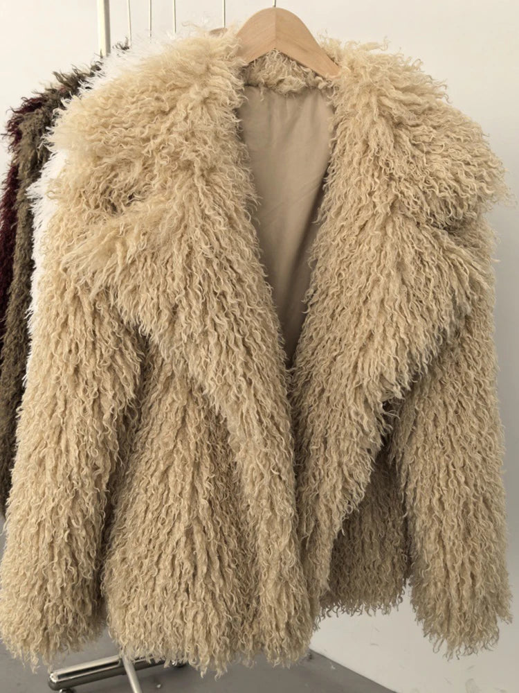 Aynaray 2025 Winter Women Faux Fur Jacket Solid Khaki Long Sleeve Thick Warm Outwear Fluffy Coat For Women - Matrix Studios