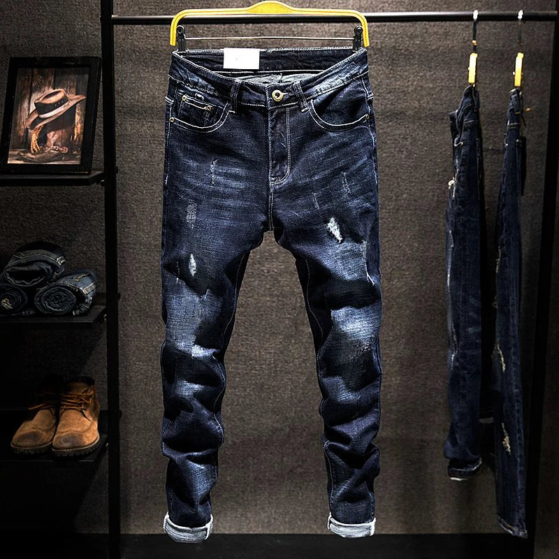 American Elastic Straight Jeans Men Ripped Worn-out Slim-fit Cotton Denim Pants Korean Style Fashion Blue Black Men's Clothing - Matrix Studios