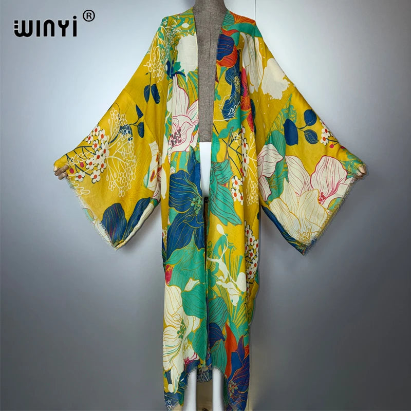 WINYI Africa Fashion Kimono Maxi Dress Beach Cover Up Cardigan Boho Coat Print Caftan Beach Outfits Women Abaya Dubai Luxury - Matrix Studios