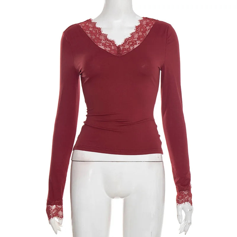 Tornova V neck Lace T shirt Top Women Sexy Navel Exposed Pullover Fashion Splice Hot Girl Club Party Top Autumn New Lady T shirt - Matrix-studios.com