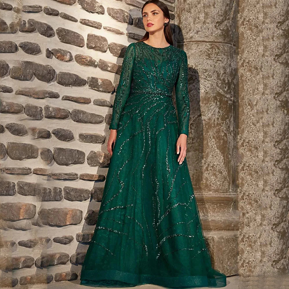 Exquisite O-Neck Long Sleeve Evening Dress Women Party A-Line Floor Length Shiny Beading with Belt High Quality Customized Gowns - Matrix Studios
